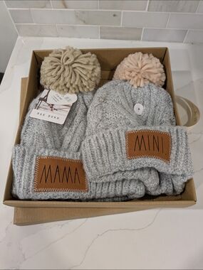 Gray 'Mama & Mini' Knit Beanie Set with Pom-Poms